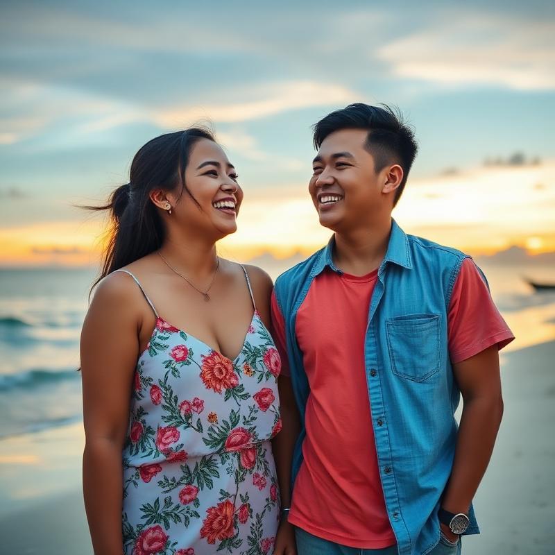Paolo and Bea laughing on the beach at sunset
