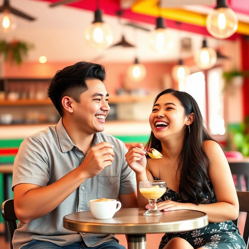 Sharing dessert at a colorful cafe