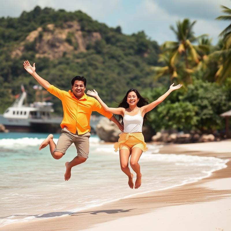 Jumping in the air on a tropical beach